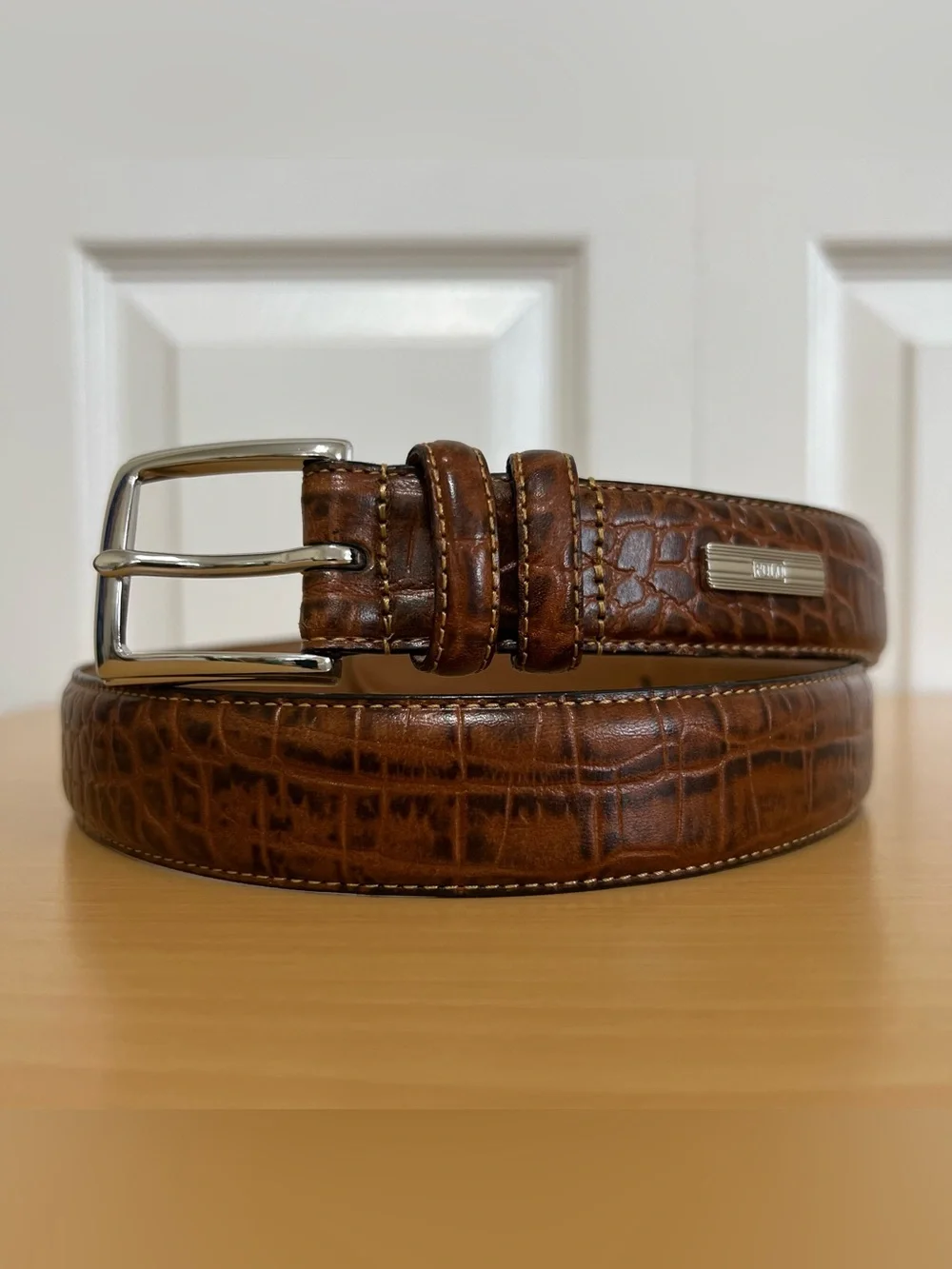 Polo Ralph Lauren Brown Croc-Embossed Leather Belt Silver Buckle Size 32